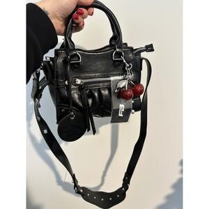 Black Faux Leather Mini Handbag Shoulder Bag Cherry Charm Studded Straps Mirror